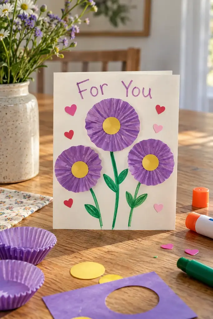 Women's Day card with flattened purple cupcake liner flowers, yellow centers and green stems