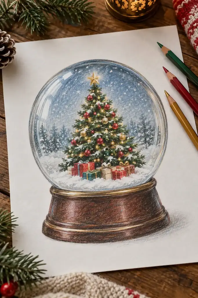 A decorated tree fills a glass snow globe above a dark wooden base