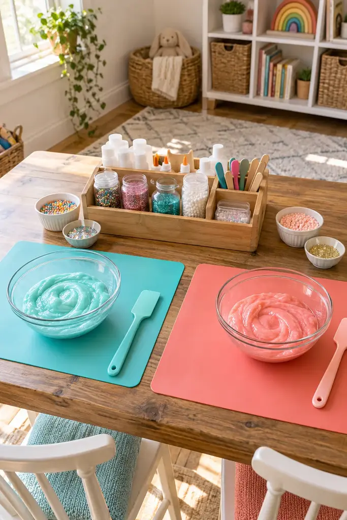 Sibling slime station with two separate places, aqua and coral mats and a shared supply caddy
