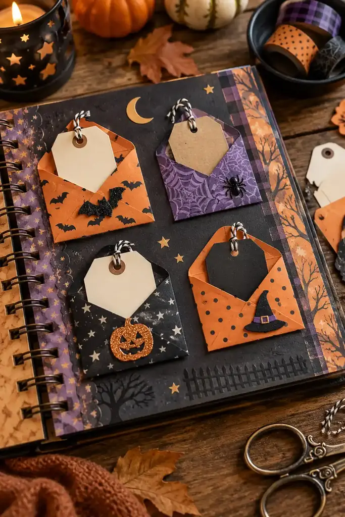 Halloween scrapbook page with small orange, purple and black envelopes holding blank tags