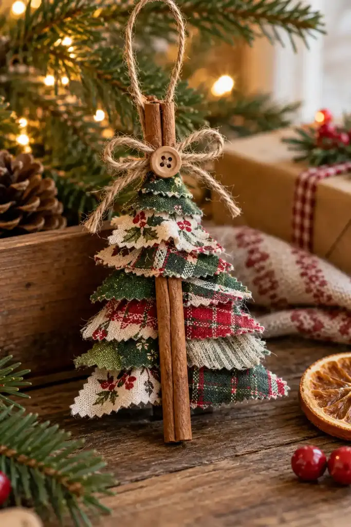 Short fabric strips spread outward from a cinnamon stick trunk
