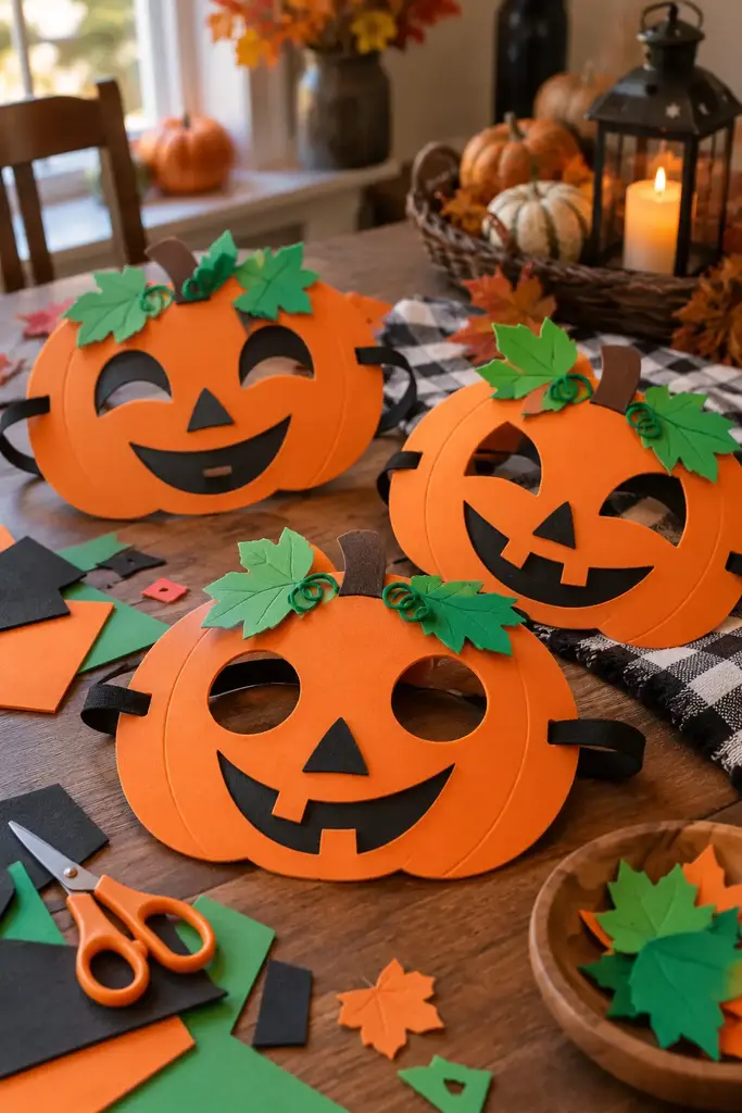 Orange foam pumpkin masks with face openings and green paper leaves on a table