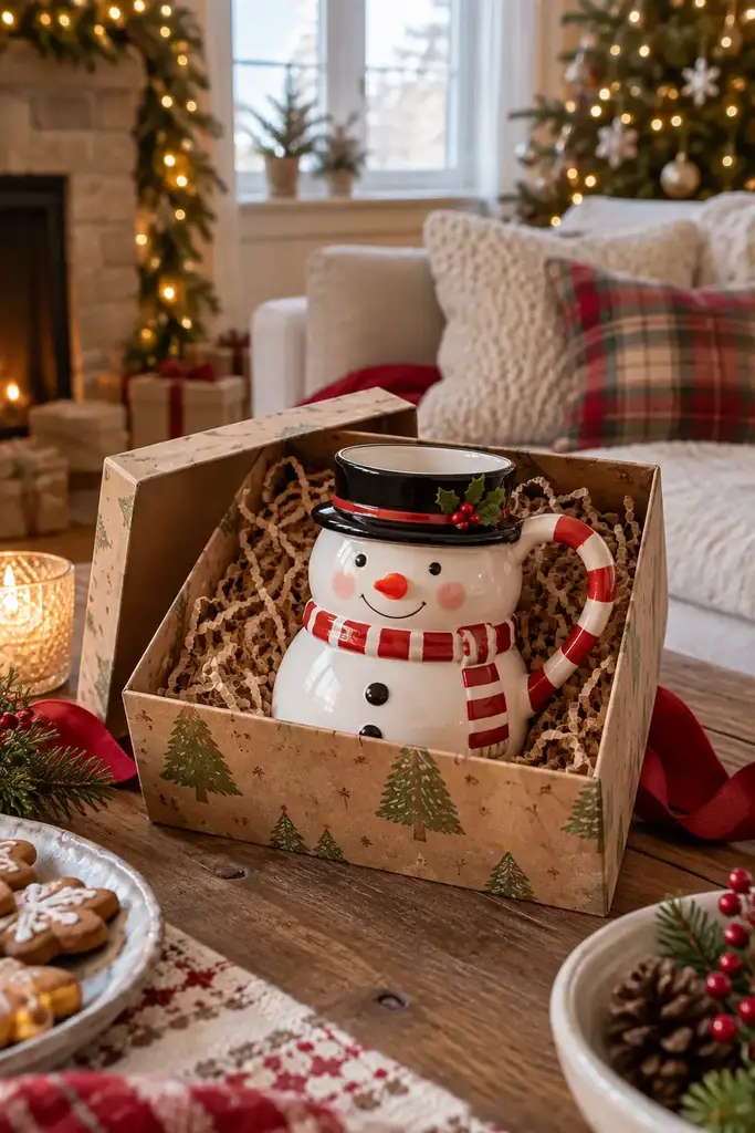 Ceramic snowman mug with a black top hat lid and a red scarf handle in a gift box
