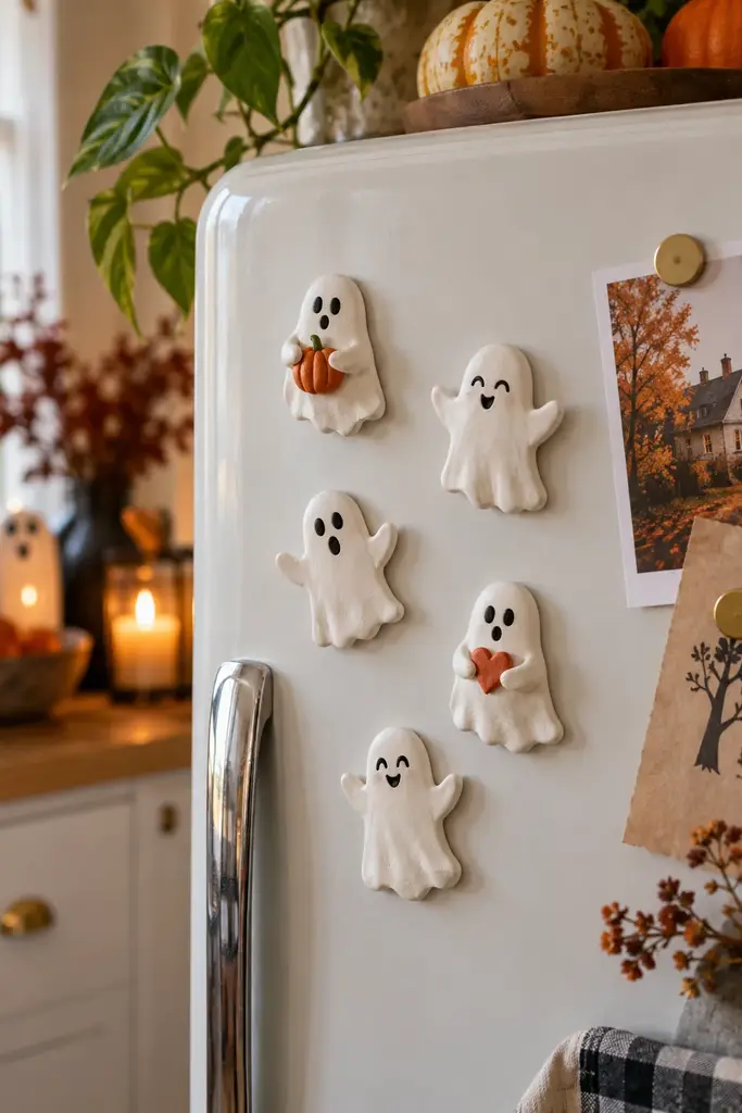 Set of handmade white clay ghost fridge magnets on a pale refrigerator