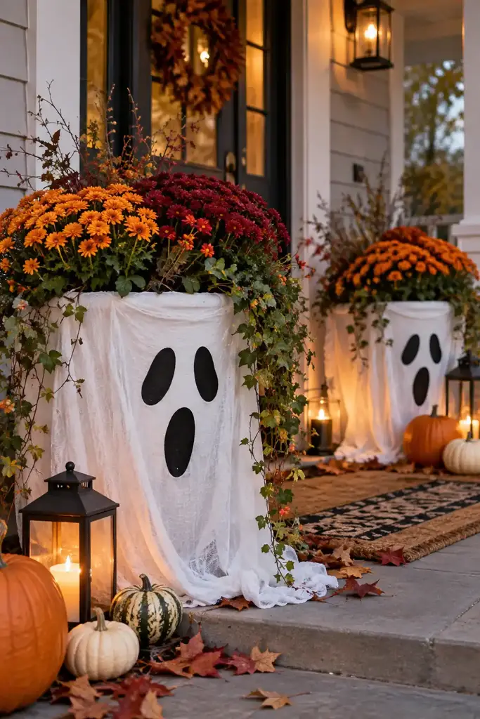 Large porch planters wrapped in white cloth with ghost faces and autumn flowers