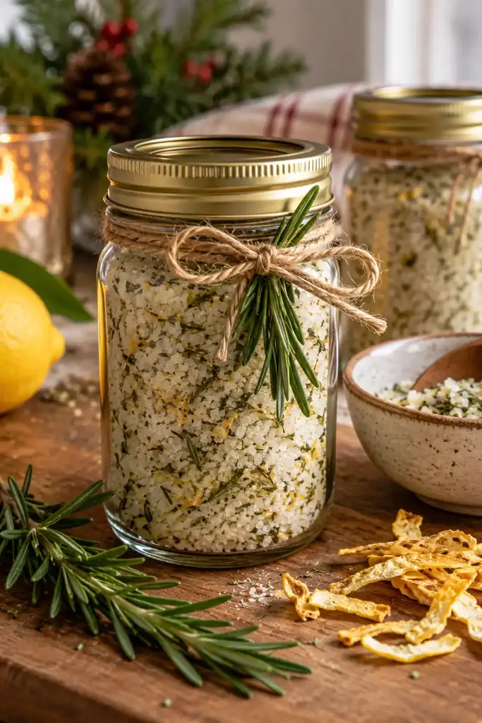 Glass jar of coarse sea salt mixed with rosemary and lemon zest beside fresh rosemary sprigs