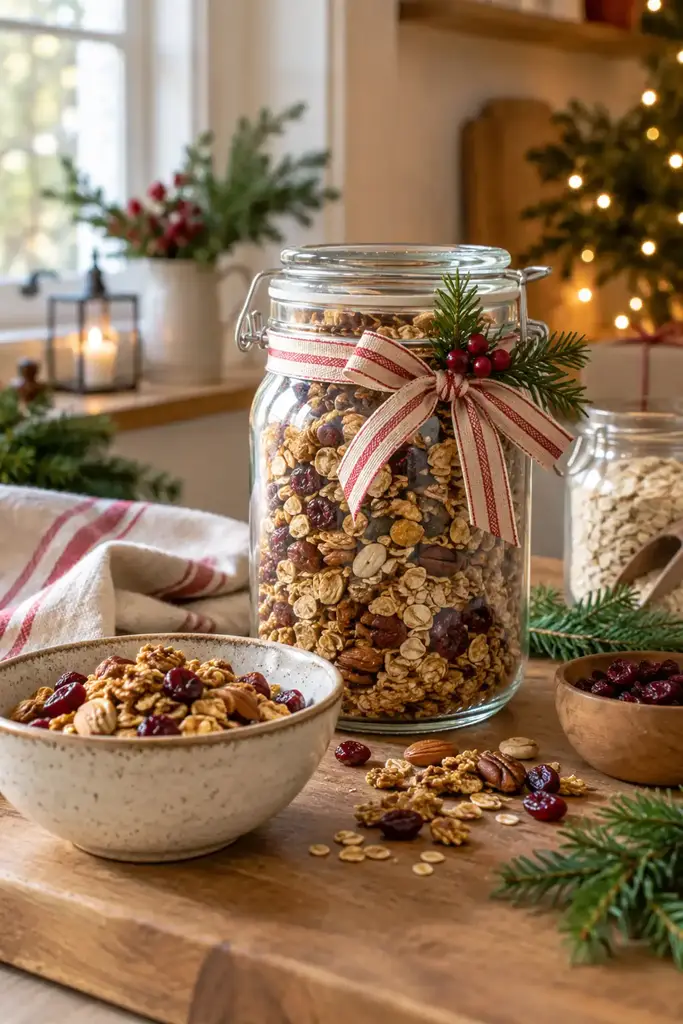 Large clip top jar of homemade granola with nuts and dried cranberries tied with a red striped ribbon