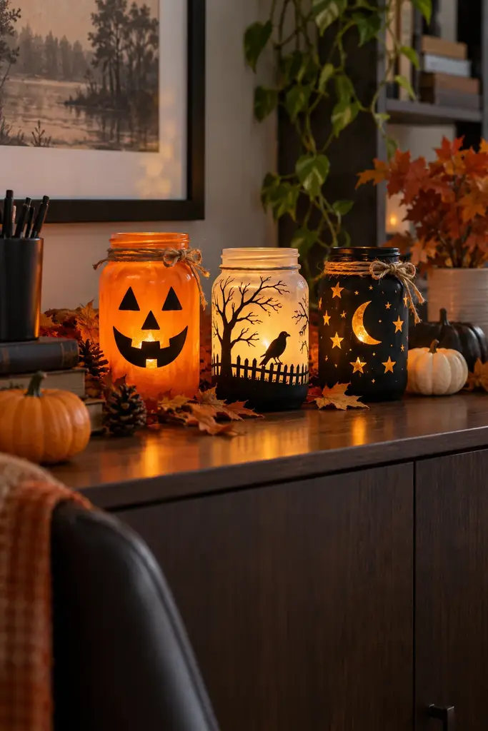 Painted orange, black and ivory Halloween jar luminaries with battery candles on an office cabinet