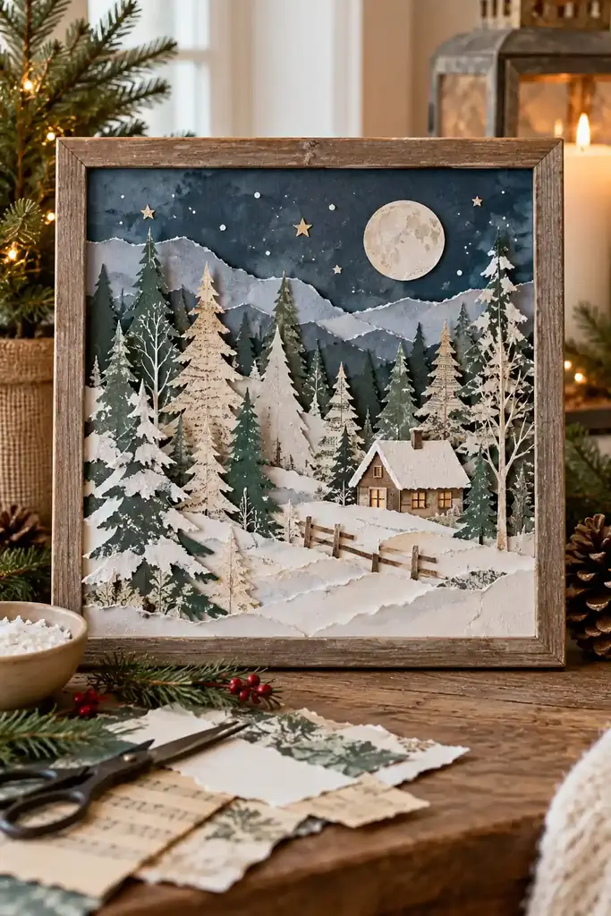 Layered snowy forest paper collage
