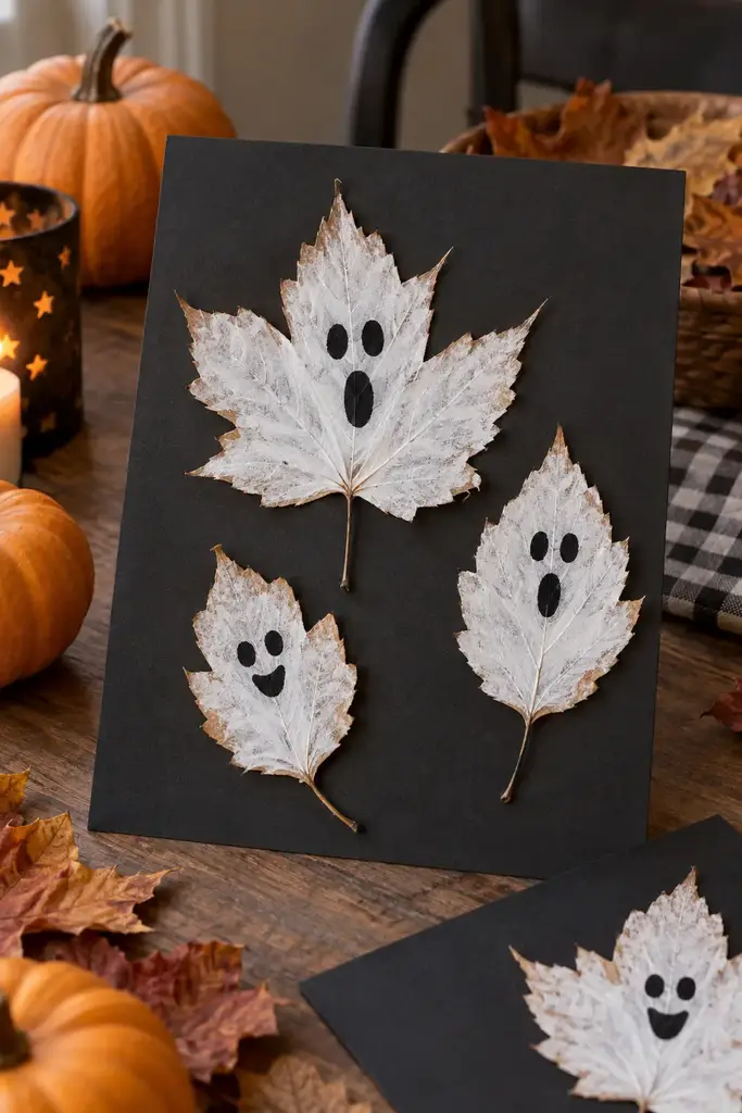 Pressed autumn leaves painted white with ghost faces on black cardstock