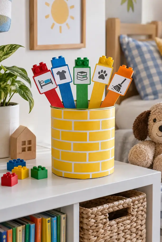 Playful building brick themed chore jar with a yellow brick pattern sleeve and toy block topped sticks