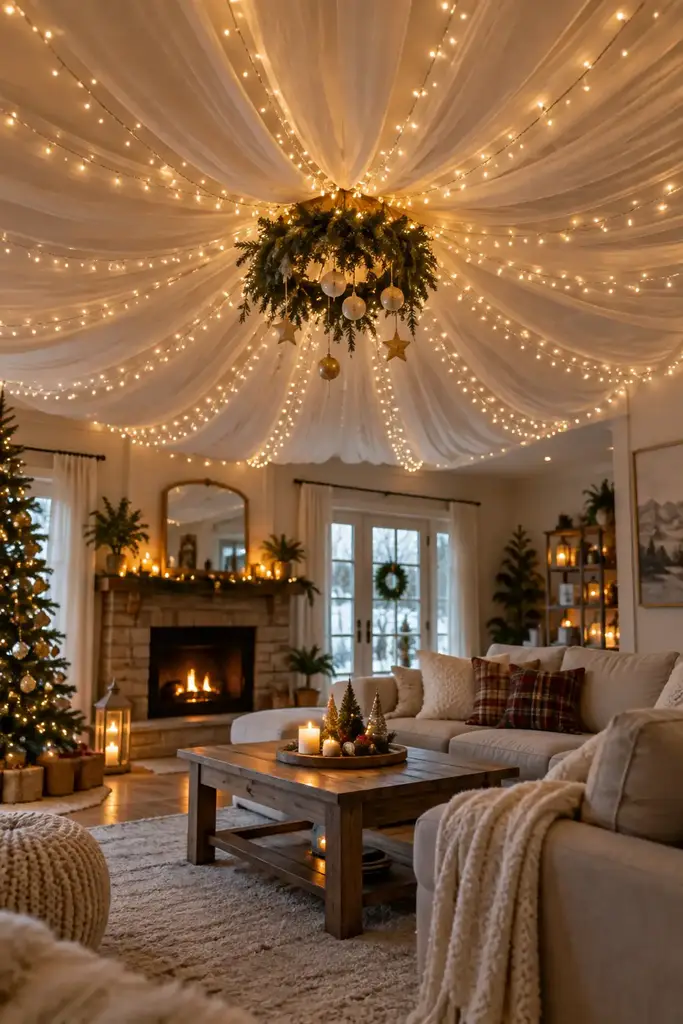 Pale fabric and string lights spread outward across the living room ceiling