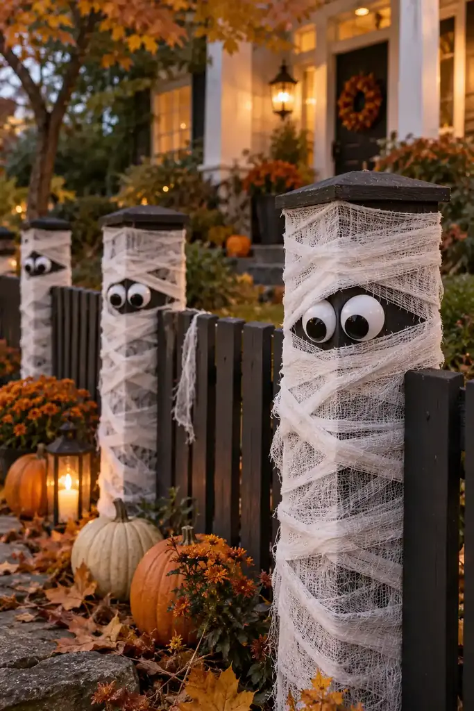 Wide fence posts wrapped in white gauze with large friendly eyes