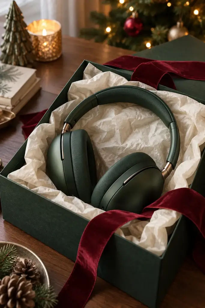 Forest green over-ear headphones in an open gift box with tissue paper and a red ribbon