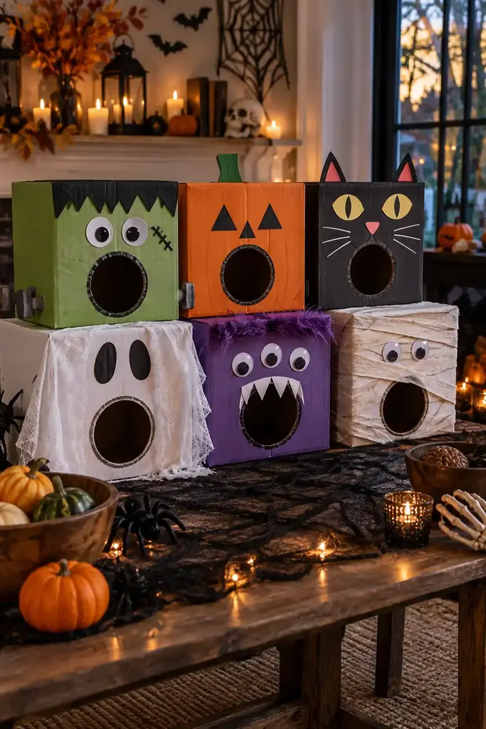 Halloween party mystery box game with decorated cardboard boxes, hand holes and silly monster faces