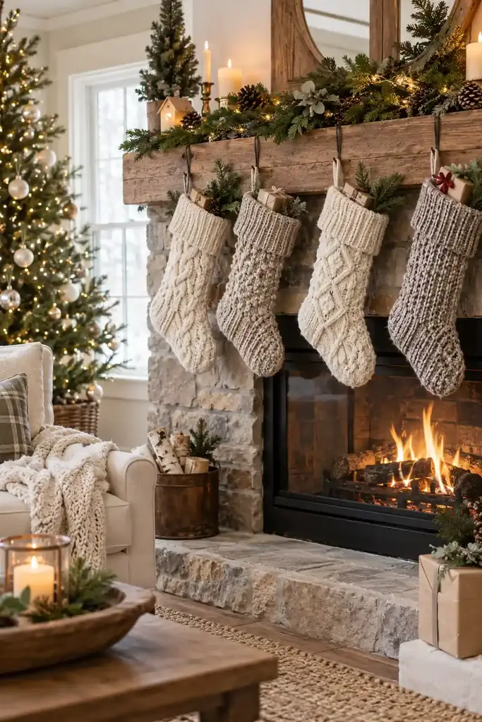 Neutral living room knit stockings