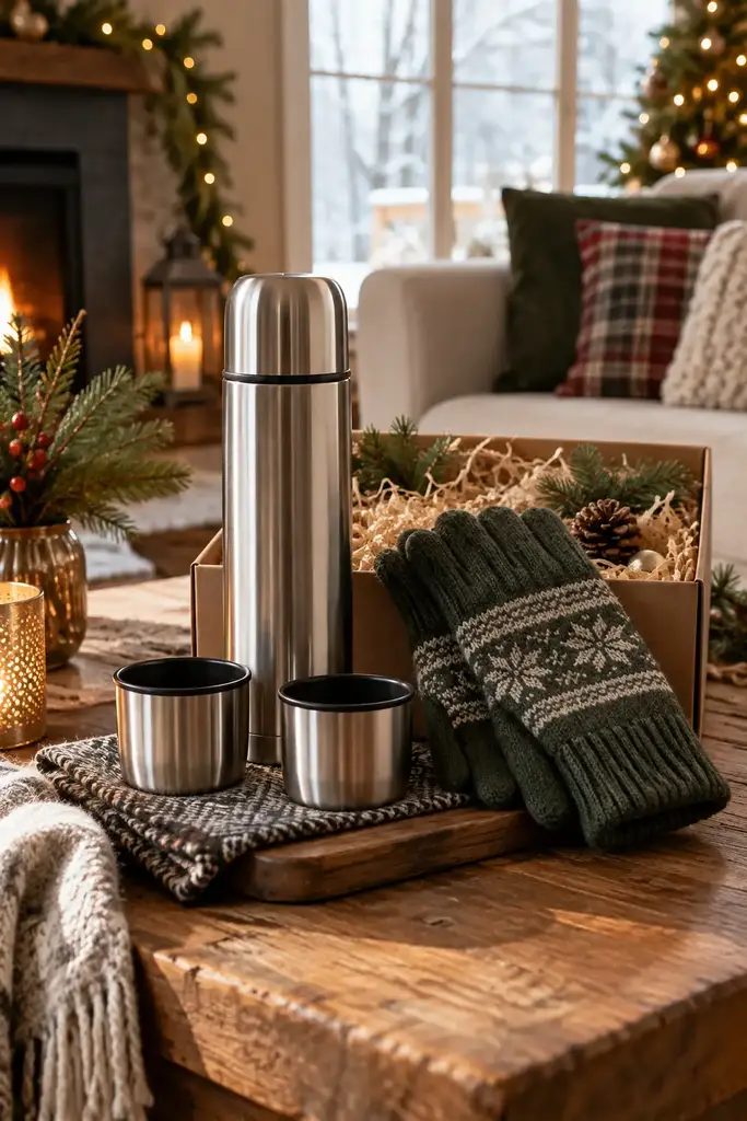Stainless steel vacuum flask with two cups and green fair isle knit gloves
