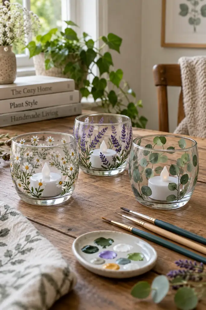 DIY hand painted glass tealight holders with small botanical patterns holding LED tealights