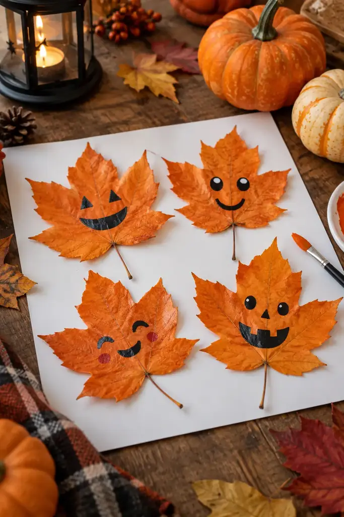 Broad autumn leaves painted orange with friendly faces mounted on white paper