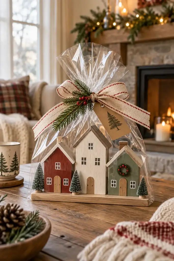 Three small painted wooden Christmas houses in red, white and green with tiny trees wrapped in cellophane
