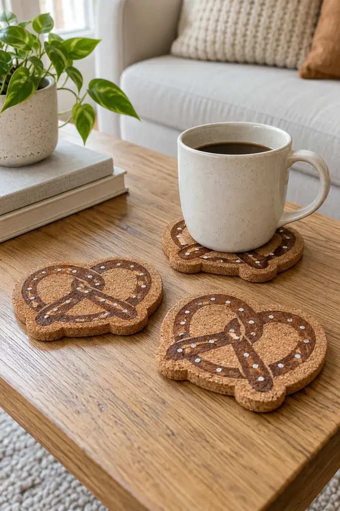 DIY pretzel shaped cork coasters with brown painted outline and white salt dots on an oak coffee table