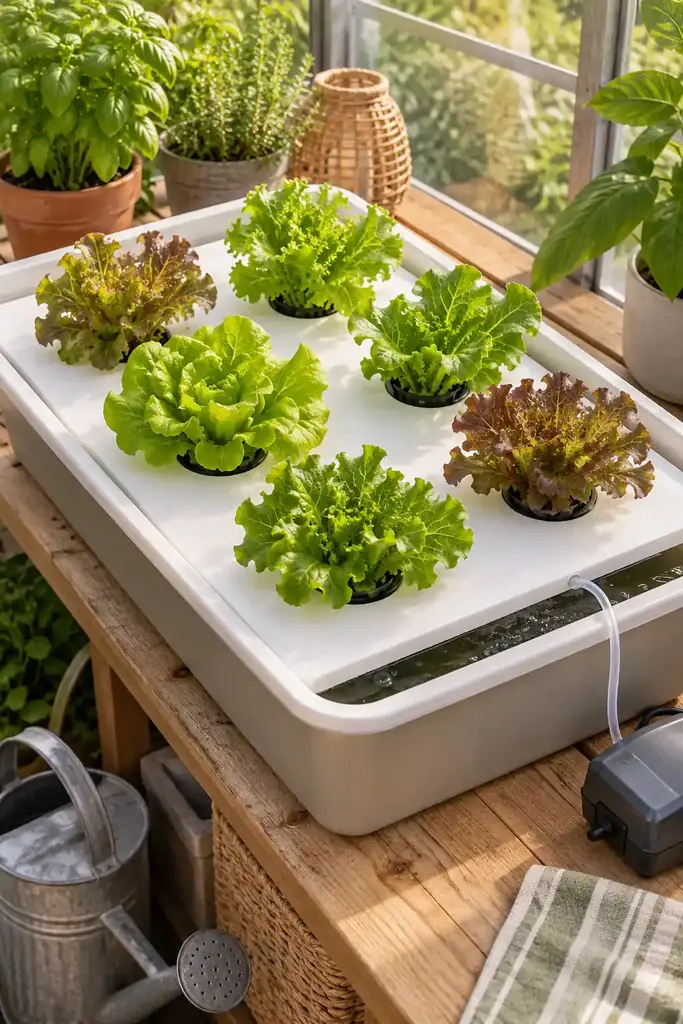 DIY floating raft hydroponic lettuce garden with a white foam board and six lettuce net cups in a shallow tub