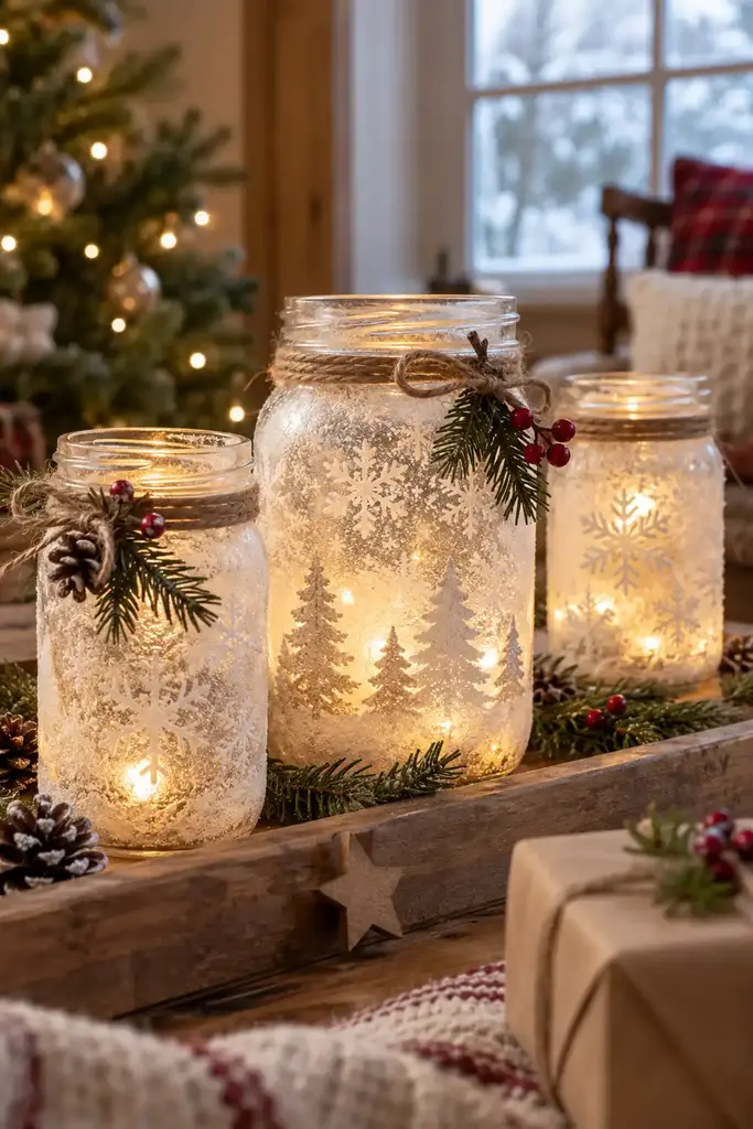 Glass jars have pale frosted surfaces with tree and snowflake patterns