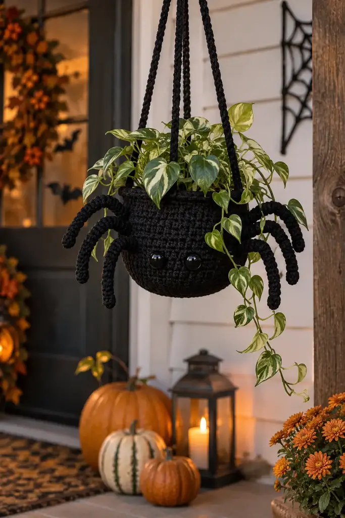 Black crocheted hanging planter with spider leg details holding a small plant