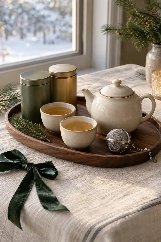 Cream ceramic teapot, two tea cups, metal tea tins and a mesh infuser on a wooden tray with a green ribbon