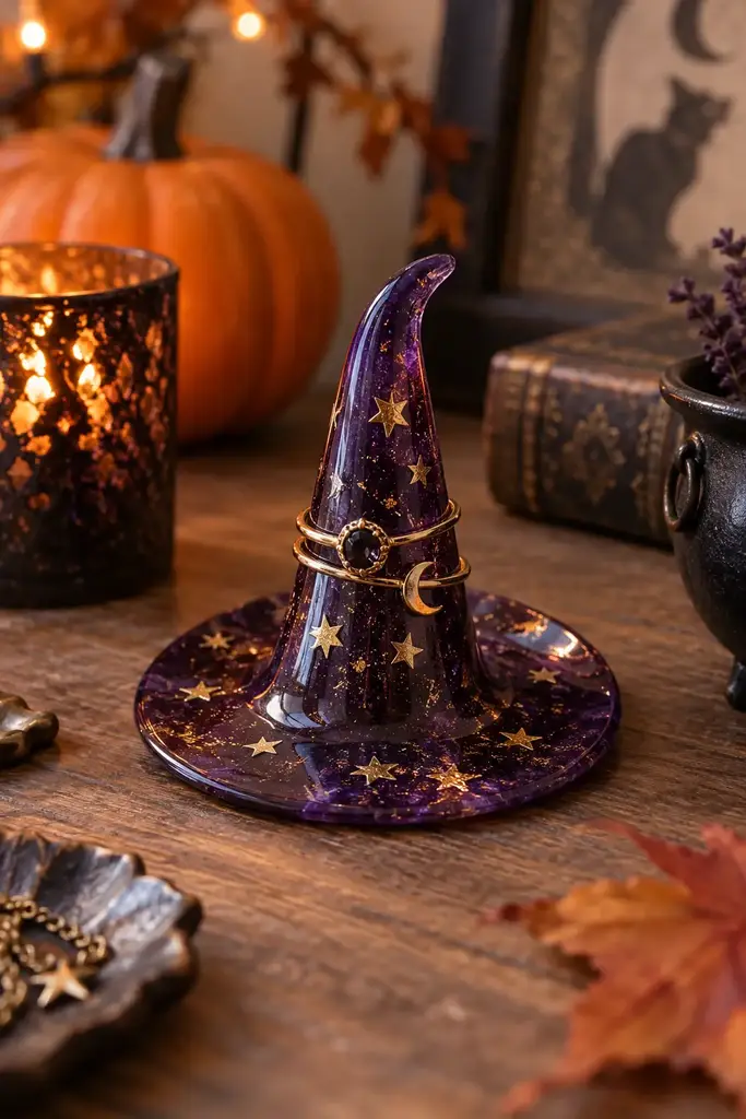 Glossy purple resin witch hat shaped ring holder with small gold stars