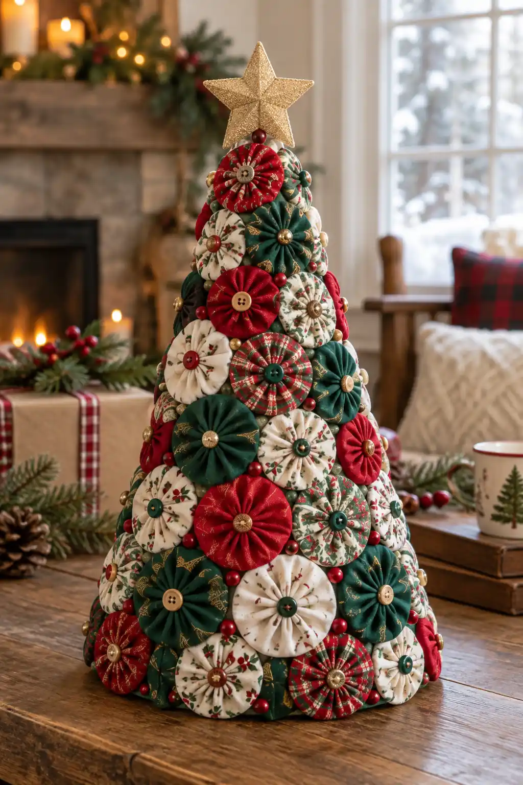 Yo Yo Fabric Tree fabric Christmas crafts ideas