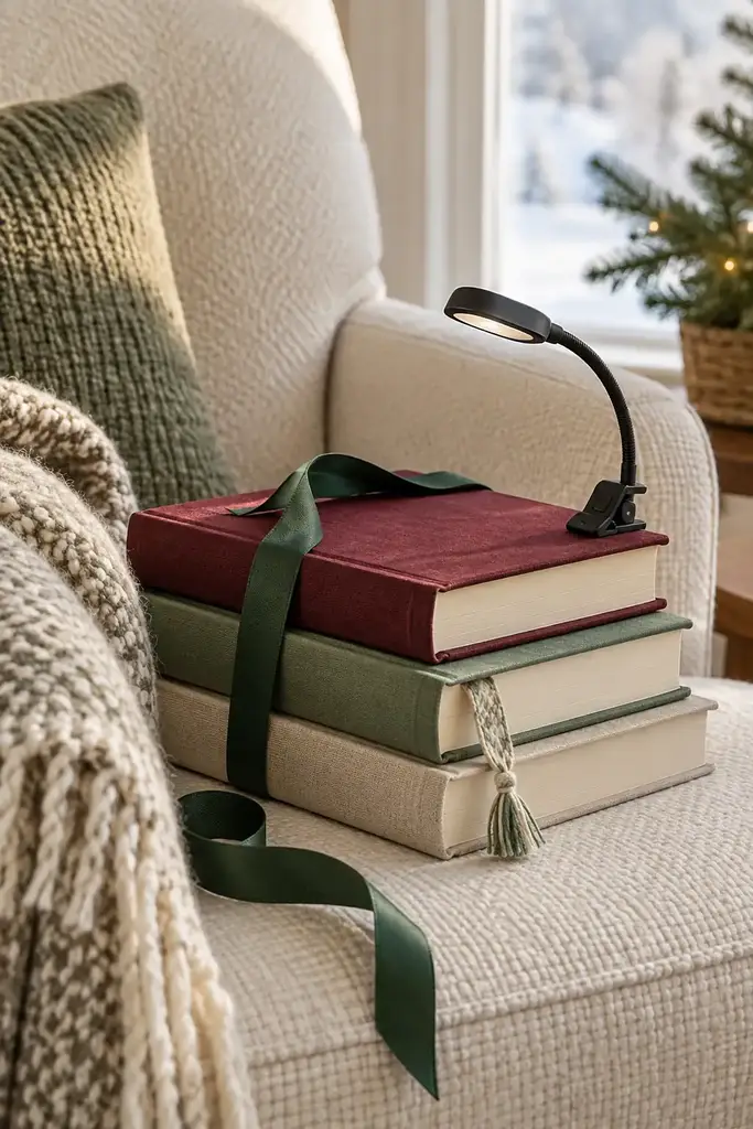 Stack of three cloth books tied with green ribbon and a clip-on reading light on a cream armchair