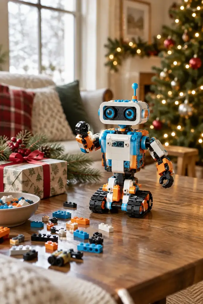 Colorful buildable toy robot on tracks with small assembly blocks on a wooden table