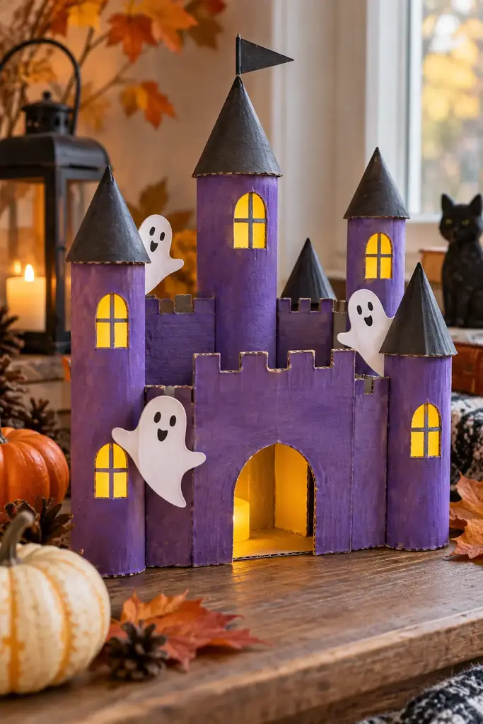 Recycled cardboard castle painted purple with yellow paper windows and ghost cutouts