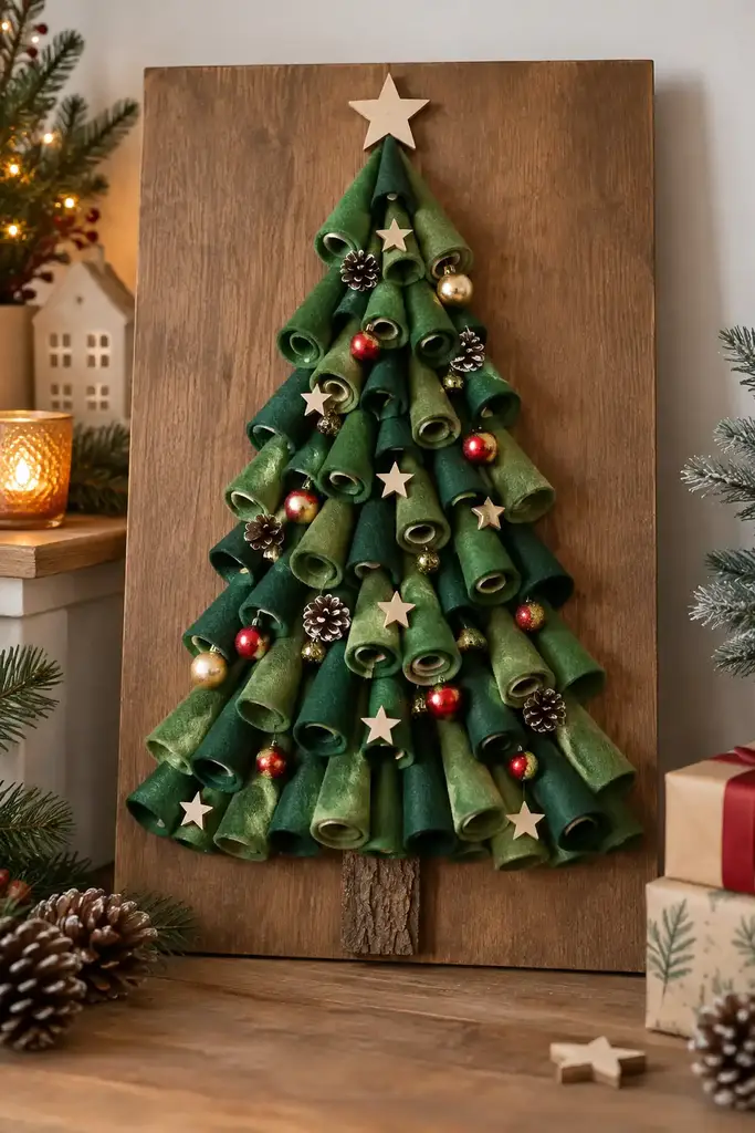 Green felt cones form rows on a wooden backing board