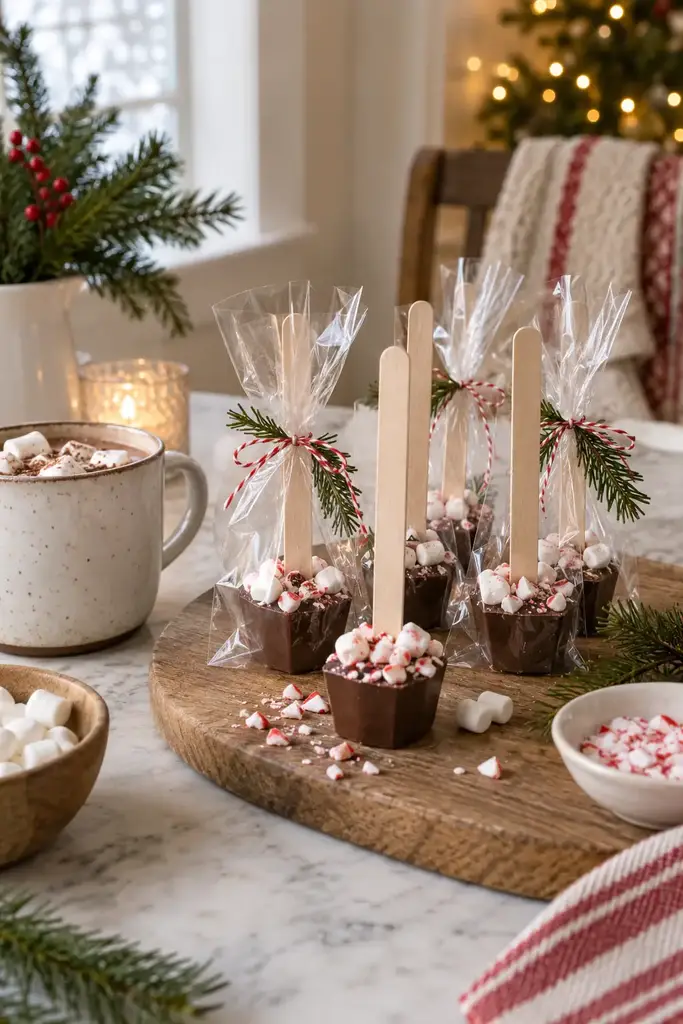 Chocolate dipped wooden hot cocoa spoons topped with crushed peppermint and marshmallows in clear bags