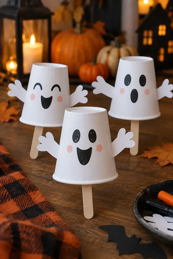 Upside down white paper cups with ghost faces and paper arms as preschool puppets