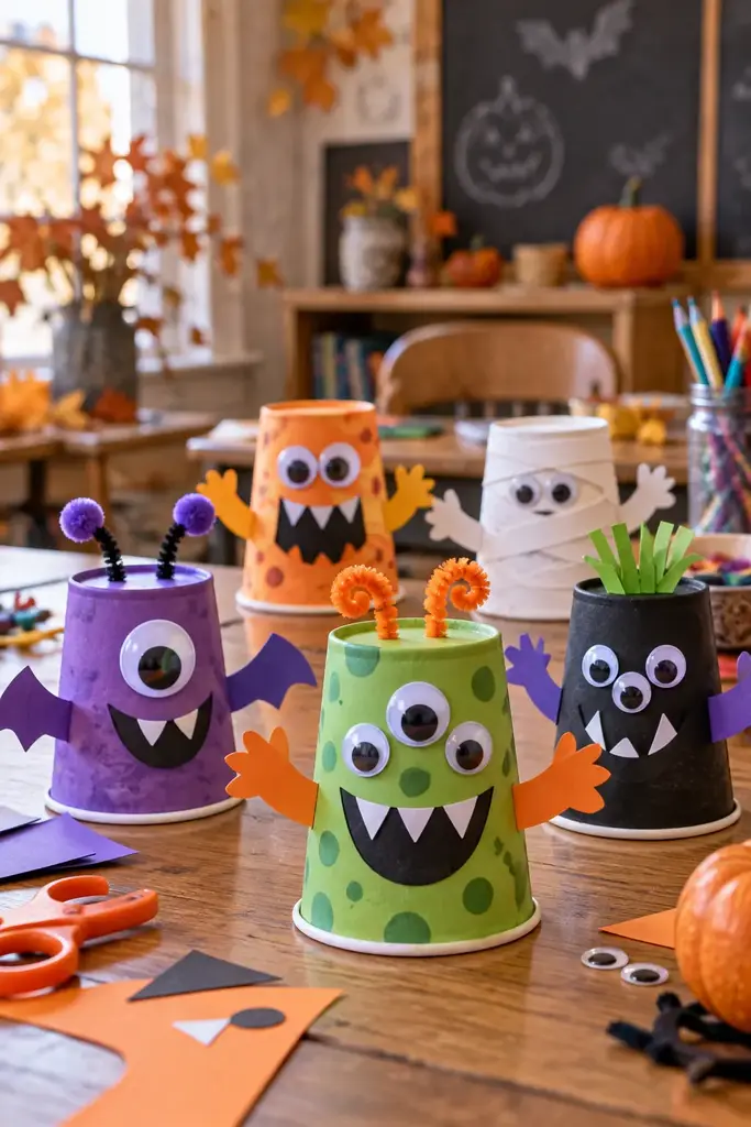 Recycled paper cups made into colorful monsters with paper arms and big eyes on a classroom table