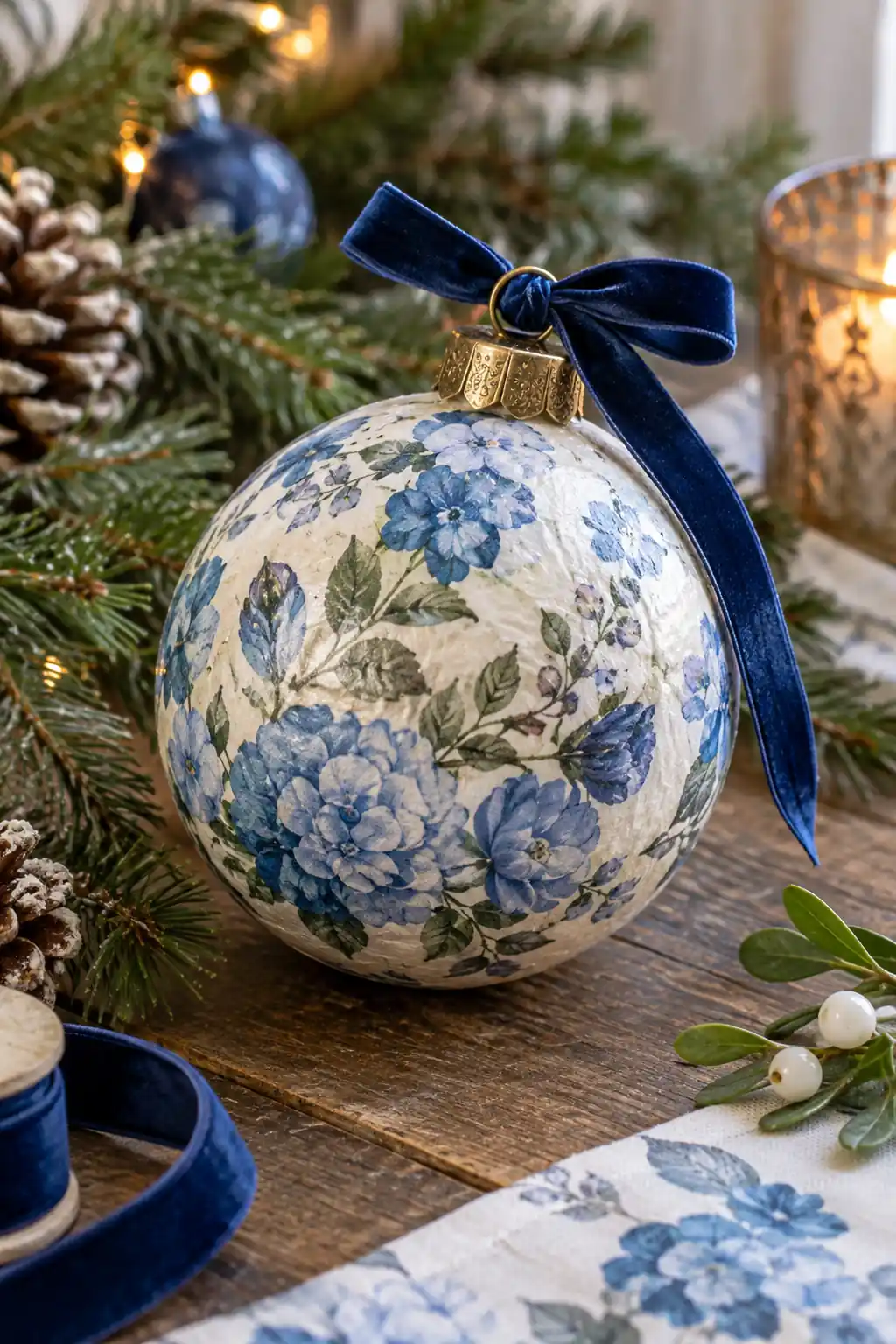 Decoupage Blue Floral Christmas baubles ideas