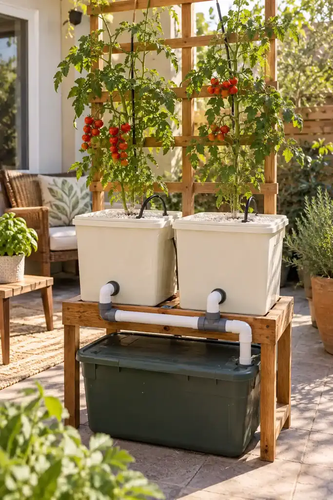 Two cream Dutch bucket hydroponic cherry tomato plants with drip lines, a return pipe and a wooden trellis on a patio