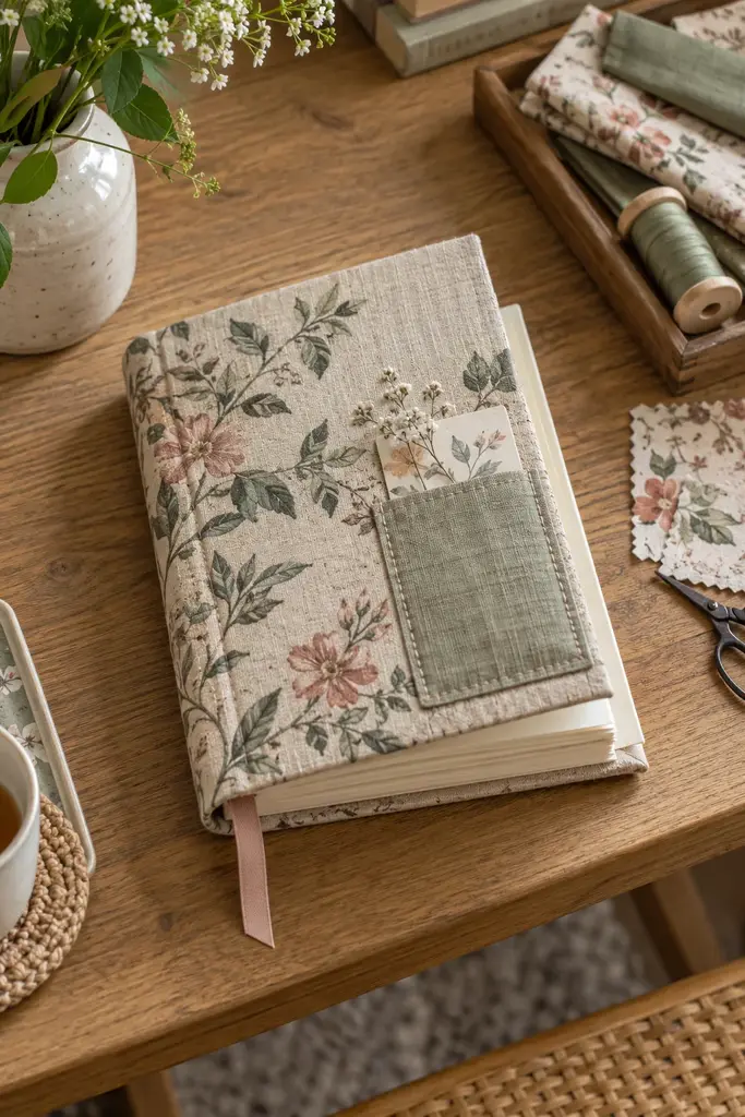 Handmade fabric covered journal in muted floral cotton with a ribbon bookmark and stitched front pocket