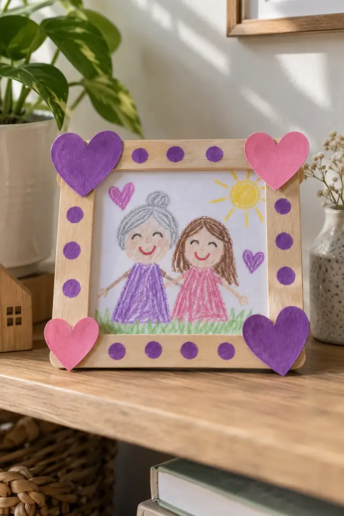 Craft stick frame with purple paint dots and paper hearts holding a child's crayon drawing of two women