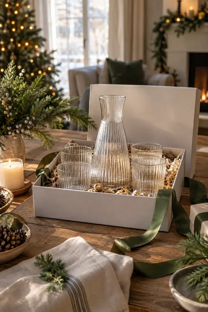 Ribbed clear glass carafe with four matching tumblers in a white gift box