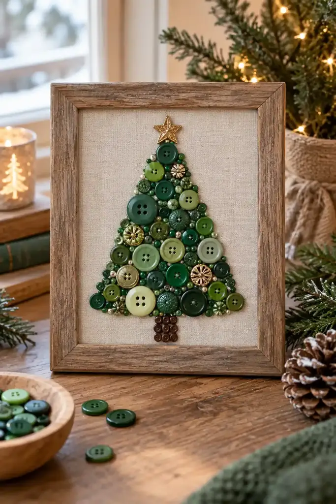 Green buttons form a triangular tree on a pale fabric background