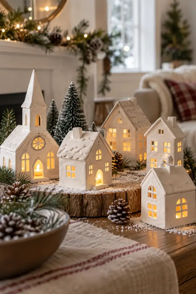 Small white houses have cut windows and pitched roofs
