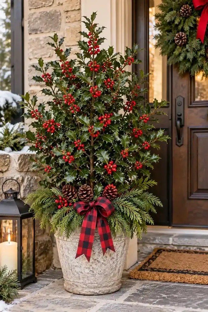 Potted holly by a doorway