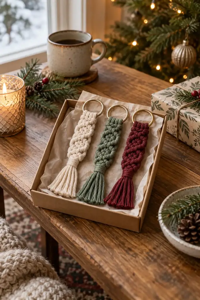 Cream, sage and burgundy cotton macrame keychains on gold key rings in a kraft box