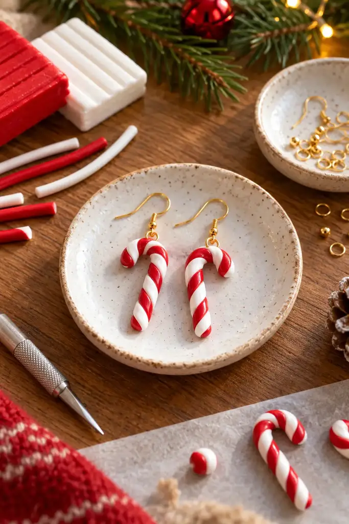 Mini candy cane clay earrings