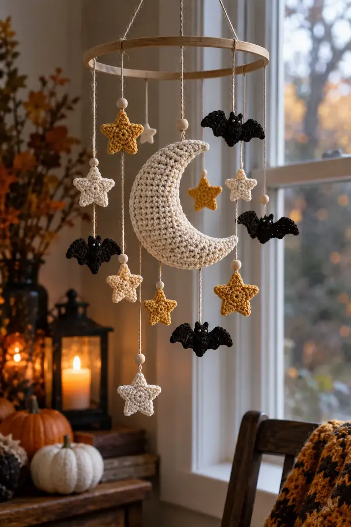 Crocheted crescent moon, stars and small bats hanging from a wooden hoop near a window