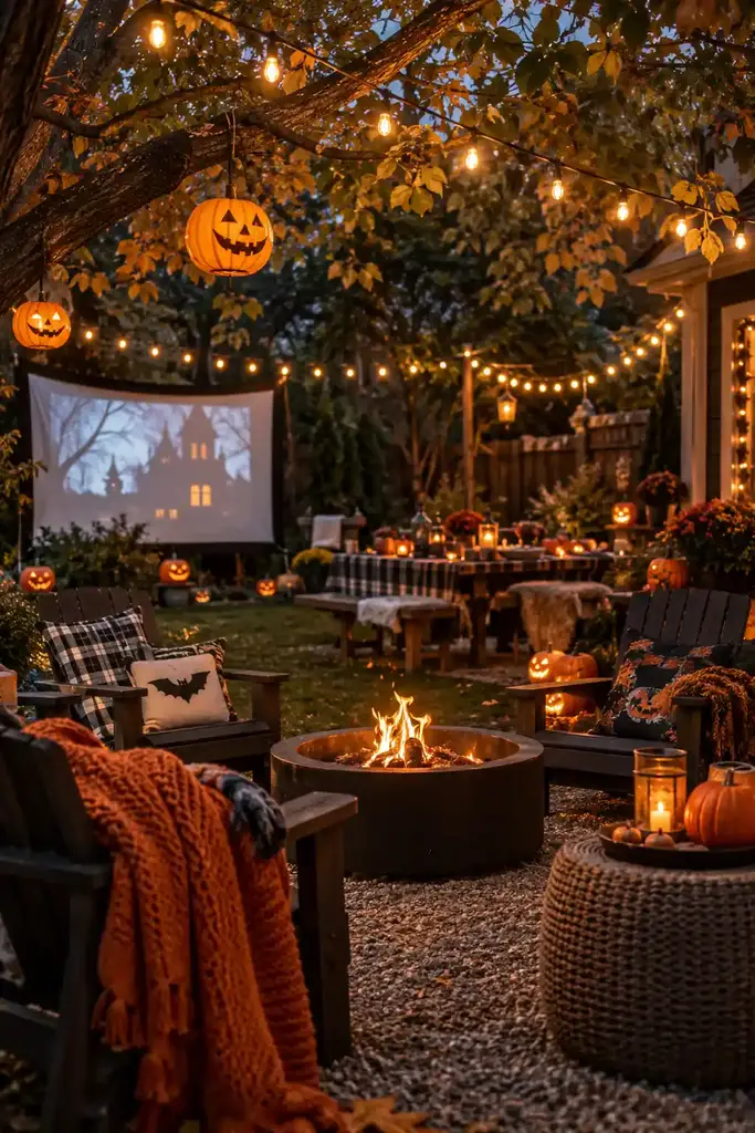 Backyard Halloween party with warm string lights, glowing pumpkin lanterns, chairs and blankets